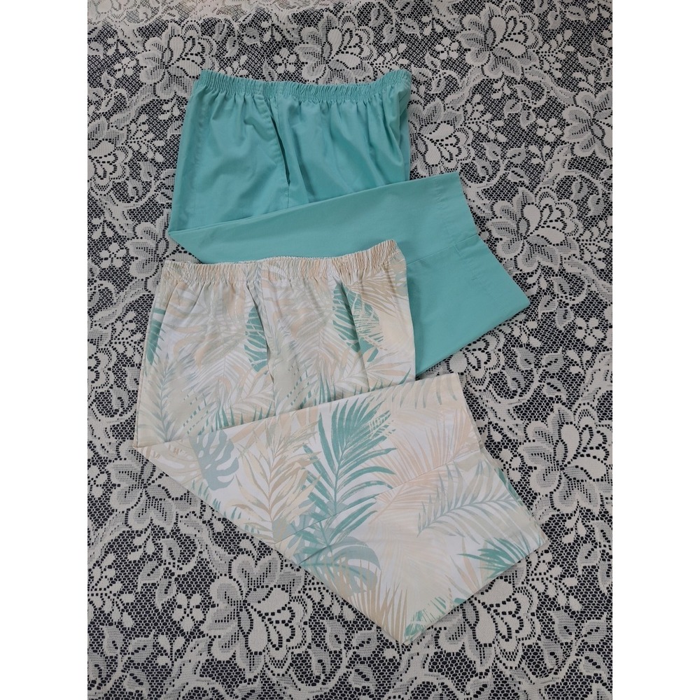 Blair Capri Pants 16P 2 Pr. Teal/Tropical‎ Print Elastic Waist Pockets Beachy
